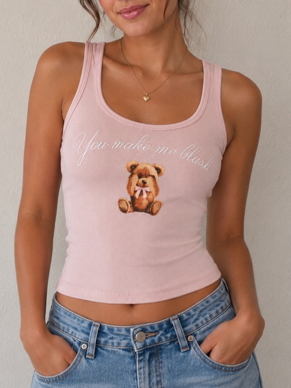 Charlotte Russe Y2K Pink Ribbed Teddy Graphic Tank